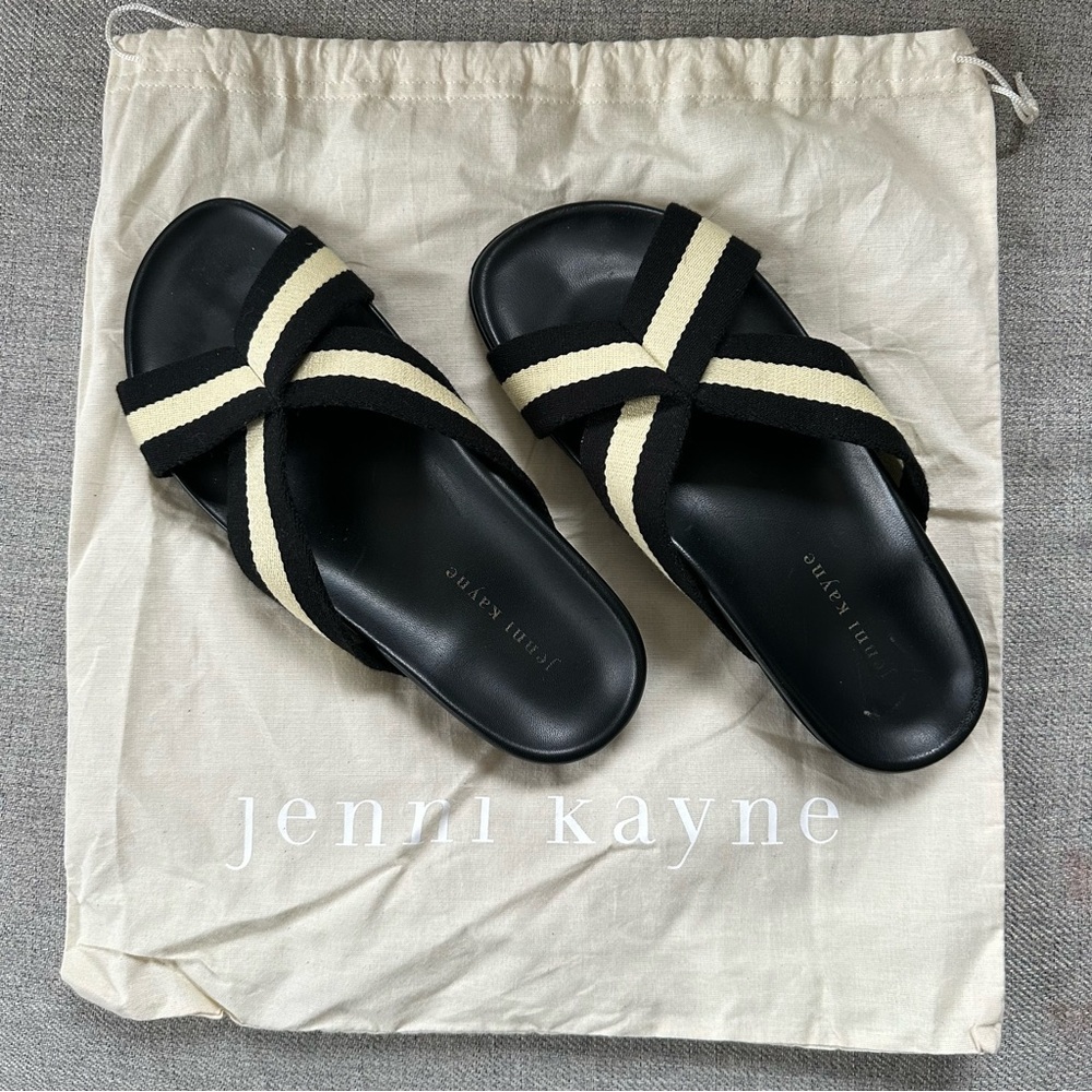 Jenni Kayne Cotton Crossover Sandal in a black and cream stripe Size 39
